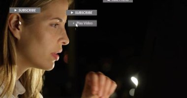 Woman gazing at device and tapping at desk, managing social media notifications floating near face. Closeup, profile, night, backlit, bokeh, smartphone, glow