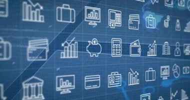 Kamera görüntülemesi yanal ekrana neden oluyor, hat simgeleri odak noktasını plandaki merkez finans bandına kaydırıyor. Izgara, bankacılık, grafikler, cüzdan, hesap makinesi, kasa, harita