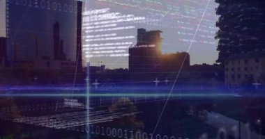 Göbeği otlatan kule kenarı, çift çizelgelerin yüzde yüz görsel verileri gösterdiğini gösteriyor. Şehir manzarası, ufuk çizgisi, şafak, fütürist, dijital, katmanlı, kentsel