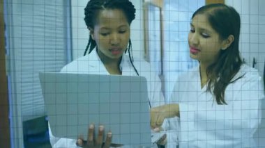 Salonda dizüstü bilgisayarı olan iki doktor sağlık verilerini kontrol ediyor. Üst düzey tıkırtı ekranı gözden geçiriliyor. İHD yükseliyor. İşbirliği, klinik, hastane, koridor, monitör, analiz, eşleştirme