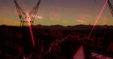 Piyasa alacakaranlıkta kırmızı çizelgede yükseliyor, kule sabit duruyor, enerji artışı gösteriyor. Pylon, ticari, hareket, güç, açık hava, manzara, veri