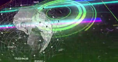 Küresel örgülerin yanında oluşan halkalar haritayı güncelleyen dönen düğümleri anımsıyor ve nabız atıyor. Küre, ağ, ızgara, veri, görselleştirme, analiz, fütüristik