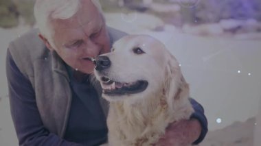 Kıdemli adam, toz zerrecikleri ve hafif bantlar yörüngedeyken hayvan bakımı için kollarını saran gülümseyen bir köpek. Köpek, av köpeği, beyefendi, kıyı şeridi, bağ, sevgi