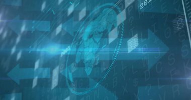 Oklar ve metin ızgaraları ile UI yayınında noktalı HUD içinde dönen şeffaf dünya animasyonu. Küre, neon, fütürist, mavi, dijital, görselleştirme, arayüz