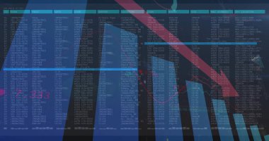 Gösterge paneli mavi arkaplan üzerinde IP 'ler, yükselen çubuklar ve kırmızı ok ile tablo verilerini gösteriyor. Neon, siber, görselleştirme, analitik, arayüz, ızgara, grafik