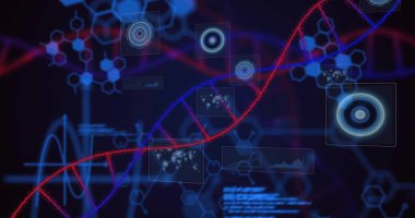 Veri ekranında çapraz çalışan DNA çift sarmalını gösteriyor, HUD panelleri, radar ve dalga formlarını gösteriyor. Genom, neon, holografik, bal peteği, sibernetik, geleceksel, laboratuvar