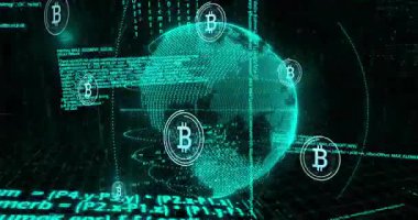 ... yörüngede dönen ve ağ akışını gösteren bitcoin kabartmaları, tarama ve yumurtlama özellikleri. Holografik, siber uzay, neon, kripto para birimi, engelleme zinciri, küre, ızgara