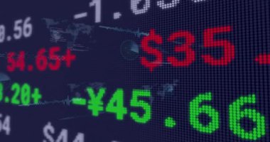 Piyasa saatli paneli beslemede güncelleniyor, değer değişikliklerini gösteriyor, kaydırıyor, yakınlaştırıyor, fiyatları görselleştiriyor. Öncü, piksel, rakam, para birimi, dalga formu, harita, neon