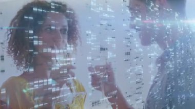 Man raising glass causing woman sipping flute for toast, data overlay flaring, marketing. Couple, cheers, stemware, grid, digital, glow, backlit