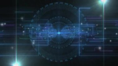 Merkezi HUD düğümü mavi patlamalar yayıyor ve çevresel dönüşe neden olurken aynı zamanda teknolojik verileri görselleştiriyor. Arayüz, holografik, cyan, nabız, devre, parçacıklar, geleceksel