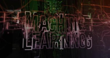 Çerçeveler MACHINE Eğitim başlığı oluşturma raf koridoru üzerinde, marka işareti hizalanan çizgiler. Veri tabanı, sunucu, devre, kablolar, neon, veri, sinirsel