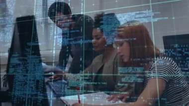 Standing peer pointing, center typing, right taking notes, code overlay showing coding lab teamwork. Classroom, desktops, students, programming, collaboration, grid, learning