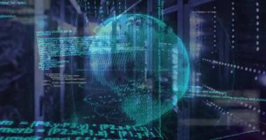 Önyükleme teal kablo küresi görünür, döner, raflarda kod yayılır, ağı görselleştirir. Holografik, küre, veri tabanı, cyan, görselleştirme, veri, akışlar