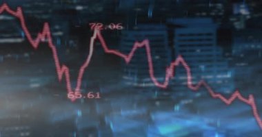 Veri tiki üzerindeki kırmızı çizelge çizgisi, düşüş eğilimi gösteriyor, piyasa dengesizliğini gösteriyor. Kırmızı, trend, çalkantılı, neon, parıltı, yağmur, kentsel