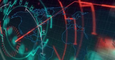 Kamera geri çekilmesi sanal dünya haritasının büyümesine neden oluyor. Canlı verileri gösteren işaretleyicileri tarıyor. Holografik, görselleştirme, neon, fütüristik, siber, ızgara, radar