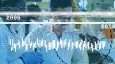 Dalga biçimi yılların kıvılcımlarını ve çizelgelerini gösterirken erkek teknisyenler de laboratuvar eğilimlerini gösteriyorlar. Araştırmacı, mikroskop, laboratuvar, eldivenler, şişe, ayıraç, veri