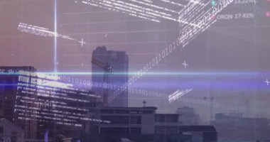 Veri beslemesi etkinleştiriliyor, yüksek kule kayan ikililer ve titreşimli grafikler alıyor, şehir verilerini gösteriyor. Gökdelen, ufuk çizgisi, üstüste, dijital, kablo çerçevesi, analitik, kentsel