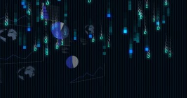 Üst basamaklarda 0 ya da 1 akış, kaydırma kodu ve düşen grafikler yoğun veri alanı oluşturur. İkili, ışıltı, daireler, görselleştirme, bilgi, neon, soyut