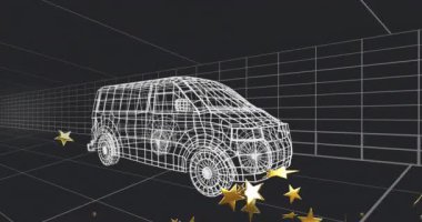 Tel çerçeve minibüs sabit duruyor, sağdan ya da aşağıdan altın yıldızlar giriyor, gruplaşıyor, sürükleniyor, derinlik katıyor. Ağ, araç, ızgara, perspektif, boyut, parçacıklar, altın