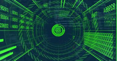 Central HUD target receiving data pulse, updating numbers while panels shifting to consolidate data. Neon, cyber, futuristic, holographic, wireframe, realtime, telemetry