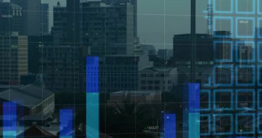 Şehrin ufuk çizgisi, değişen piyasa verilerini görselleştirerek, belli belirsiz şebekeler ortaya çıktıktan sonra yükselen mavi çubukları gösteriyor. Şehir, çatı, hava, metropol, analitik, görselleştirme, üst üste bindirme
