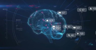 Analitik baloncuklar sağdan geliyor, sanal beyin dönüyor, düğümler aydınlanıyor, haritalama sayılıyor. Holografik, nöral, gösterge paneli, korteks, serebrum, neon, cyan