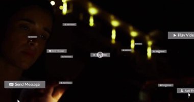 Woman tapping phone in dim room, play and message badges swarming, cursor clicking, checking media. Device, interface, notifications, portrait, glow, bokeh, closeup