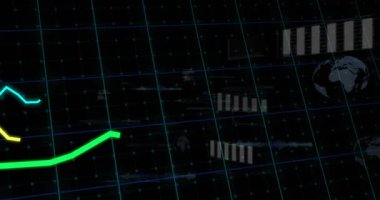 Veri beslemesinde, soldan giren neon yeşil çizgi, cyan ve sarı iz sürme dalgaları, pazar eğilimlerini gösteriyor. Kontrol paneli, analitik, görselleştirme, fütüristik, finans, ızgara, dünya