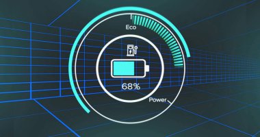Neon ızgara koridorunda HUD bataryalarının% 68 'i eşmerkezli halkalar, buji simgesi ve Eco Power etiketleriyle gösteriliyor. Fütürist, arayüz, ekran, siber punk, bilimkurgu, holografik, parlayan