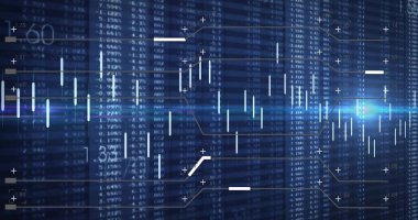 Piyasa grafiği mumlarla gösteriliyor. Veri sütunlarıyla ticaret ekranlarında çizgi grafikleri, lens parlamaları. Finans, hisse, iş, görselleştirme, analitik, neon, cyan