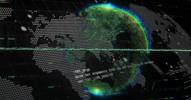 Rotating stylized globe pulsing in virtual data HUD, with halftone map, wireframe, RGB glitch halo. Neon, cyber, grid, pixel, holographic, futuristic, dashboard