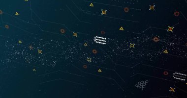 Devre izleri, sarı üçgenler, kırmızı hedefler eşliğinde beyaz şerit boyunca ilerliyorlar. Parçacık, ağ, veri, görselleştirme, geometri, daireler, ızgara