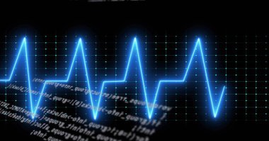 Displaying neon-blue waveform trace glowing across dark dashboard with teal dot grid, code. Glow, signal, pulse, visualization, interface, diagnostics, digital