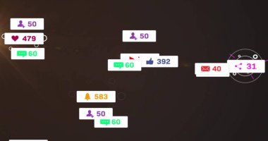 Karanlık UI kaplamasında asılı duran, simgeleri ve sayıları gösteren yüzen uyarı rozetleri kümesi. Gösterge paneli, göstergeler, analitik, metrik, arayüz, parlaklık, radar