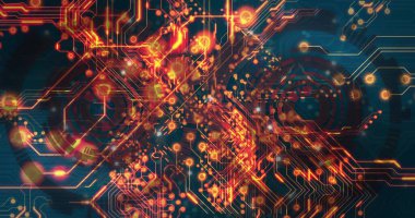 Titreşim devresi izleri ve ağ, parlak düğümler ve alevlerle donuk zemin boyunca yayılıyor. Devre, neon, ızgara, arayüz, soyut, katmanlı, holografik