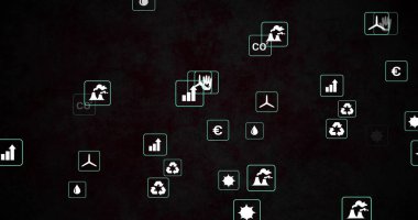 Koyu tuval üzerinde yüzen naneli karo kümeleri, grafikleri, geri dönüşümü, suyu, avroyu ve karbondioksiti gösteriyor. Bilgi tablosu, gösterge paneli, simgeler, enerji, finans, sürdürülebilirlik, minimalist