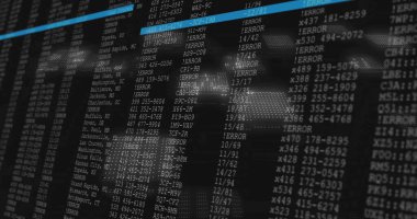 Kontrol odasında kod sütunlarını gösteren monitör, ERROR girişleri, mavi satır, noktalı dünya. Ekran, analitik, veri, gri pul, en yüksek karşıtlık, harita, üst üste