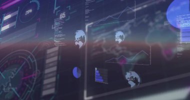 Holografik gösterge paneli gösteriliyor. Dünya simgeleri, çizgi çizelgeleri,% 29 'luk gösterge, kontrol odasında kod. Cyan, mor, fütürist, arayüz, paneller, şeffaf, cam