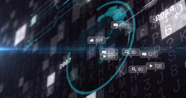 Kaydırma ızgarası ve parlama, rozetler patlarken küresel ölçümler gösterilirken, gök mavisi küreyi döndürmeye başlıyor. Gezegen, halka, yörünge, parallax, dataviz, bilgi arayüzü