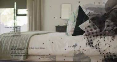 Yatak alanı başlangıçta ortaya çıkan yarım tonlu dünya ile örtülmüş, veriyi görselleştirmek için sola kayıyor. Yatak, yorgan, yastık, yorgan, lamba, pencere, perde.