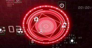 Veri atımında, merkezi kırmızı HUD titreşimi, çokgen dönme, simge karoları izleme için maddeleşiyor. Gösterge paneli, görselleştirme, arayüz, konsantrasyon, halka, göstergeler, sayaçlar