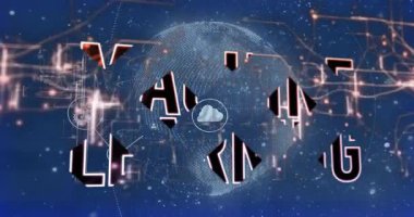 Animasyon başlıyor, dünya bulutların yükselmesiyle dönüyor, MACHINE Öğrenme başlığı yapay zekayı gösteriyor. Devre, veri, düğüm, ışık, neon, fütürist, dijital