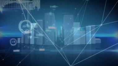 Yükleme sırasında, holografik şehir manzarası ortaya çıkıyor, HUD 'ları birbirine bağlayan çizgiler, veri ağını gösteren kamera hareketi. Fütürist, neon, siber punk, şehir, şebeke, ağ, sürükleyici