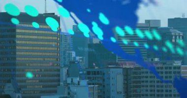 Teal noktaları sol üstte, mavi noktalar şehrin siluetini silip süpürüyor, sayıları takip eden pazarlar. Kentsel, şehir merkezi, üst üste, veri, analitik, akış, neon