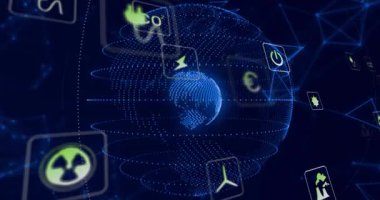 Nükleer ikon beliriyor, mavi noktalı dünya dönüyor simge karoları yörüngede dönüyor ve verileri görselleştiriyor. Gezegen, ızgara, ağ, neon, fütüristik, bilgi, soyut