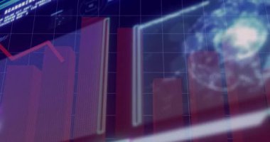 Holografik gösterge paneli veri darbesi alıyor, çubuklar arasında ilerleyen kırmızı çizgi pazar eğilimlerini vurguluyor. Neon, küre, hologram, ızgara, matris, fütüristik, dijital