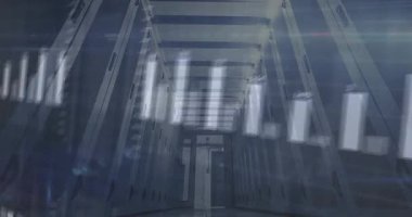 Sol çubuk çizelgesi görünmekte, koridor boyunca belli belirsiz veri çubukları oluşturulmakta, eğilimleri gösteren numaralar güncellenmektedir. Sunucular, görselleştirme, analitik, fütüristik, neon, mavi, sanayi