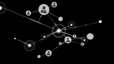 Yörüngedeki nokta merkezi merkezde beliriyor, küme genişliyor, avatarları birbirine bağlayan çizgiler veri akışını gösteriyor. Ağ, bağlantı, görselleştirme, soyut, geleceksel, neon, dijital