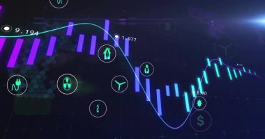 Canlandırma çizelgesine göre, deniz mavisi çizgileri salınımlara ve simgelerin kaymasına neden oluyor. Veri, görselleştirme, gösterge paneli, enerji, sektörler, dinamik, neon