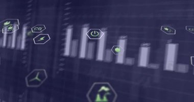 Kamera eğilmesi, bar çizelgesi büyümesi, altıgen simgeleri, güncellenen değerler, enerji eğilimlerini gösteren. Grafik, gösterge paneli, analiz, veri, görselleştirme, parallax, derinlik